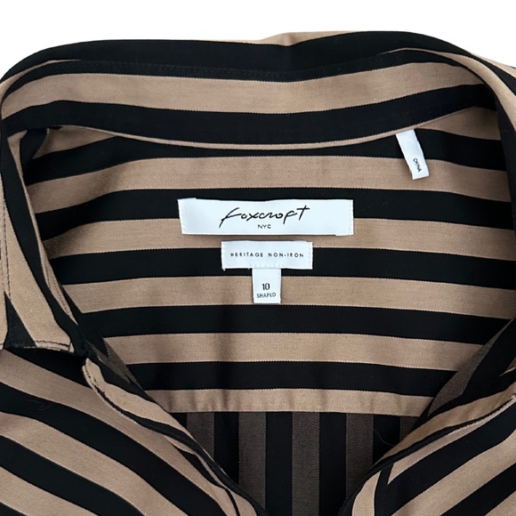 Foxcroft NYC Striped Button Down Shirt Womens 10 Black Beige Long Sleeve Cotton - Picture 8 of 10